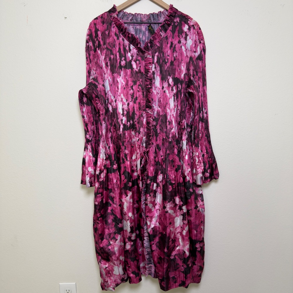 Jerry T Women Artsy Dress Pink‎ Abstract Pleated Ruffle Plisse Midi Maximalist